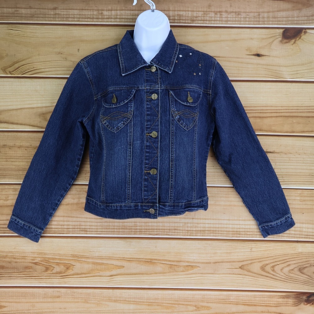 Love Jeans Cropped Denim Jacket Womens Size S Blue Dark Wash Rhinestones Pockets